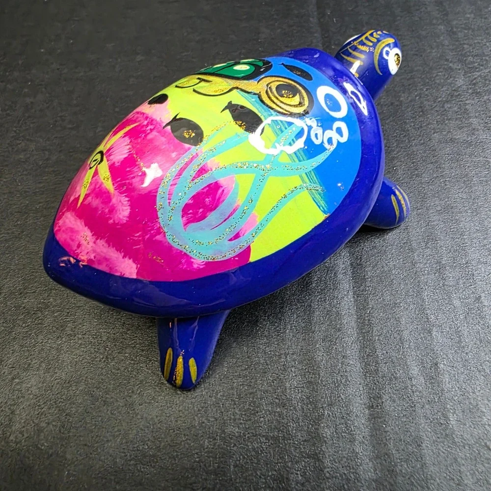 Folk Art Blue Ceramic Sea Turtle Trinket Box Talavera Decor Jewelry Dish